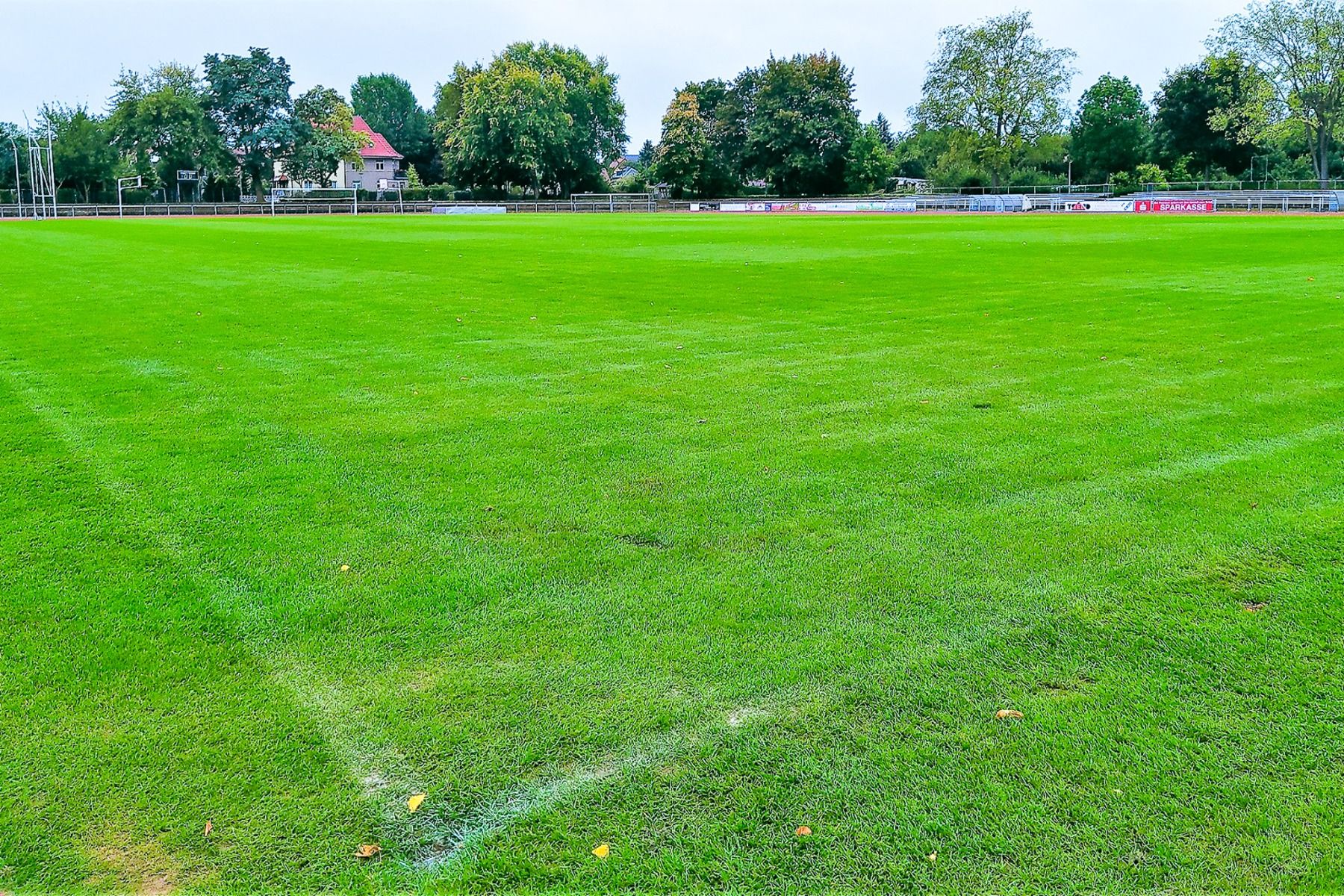 Das Hotel Stadt Mühlhausen*** verfügt über einen gepflegten, leeren Fußballplatz mit sattgrünem Rasen und klaren weißen Linien – ideal für ein Trainingslager –, umgeben von Bäumen und Häusern unter strahlend blauem Himmel.