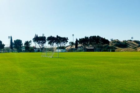 Plätze Side Moon: Ein Fußballplatz mit sattgrünem Rasen, Torpfosten und strahlend blauem Himmel. Im Hintergrund sind Bäume und Lichter zu sehen, hinter dem Platz erhebt sich ein niedriger Hügel.