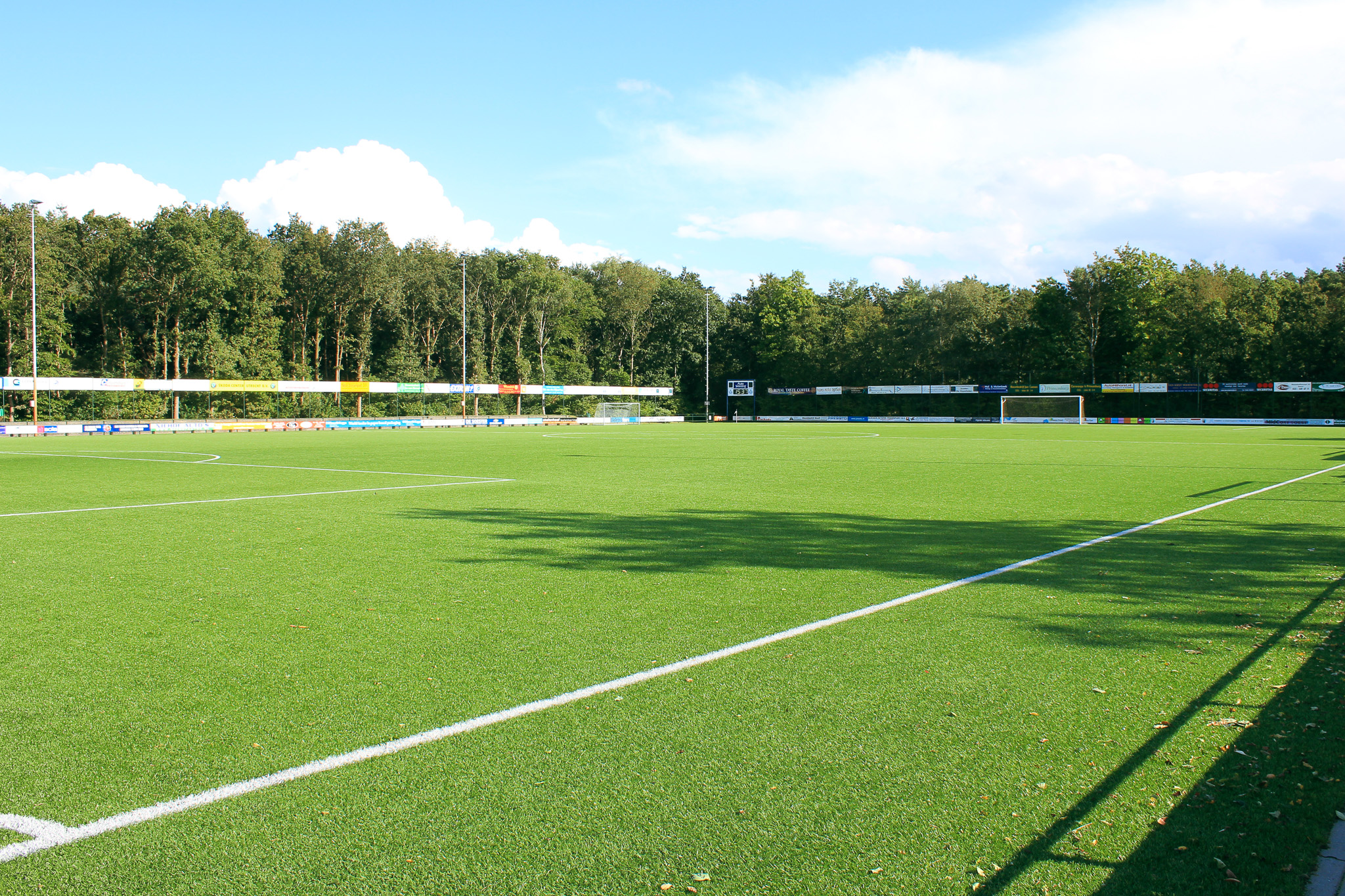 Ein moderner Kunstrasen-Fu&szlig;ballplatz in den Niederlanden, umgeben von B&auml;umen und Werbebanden, mit Flutlichtmasten und strahlend blauem Himmel..