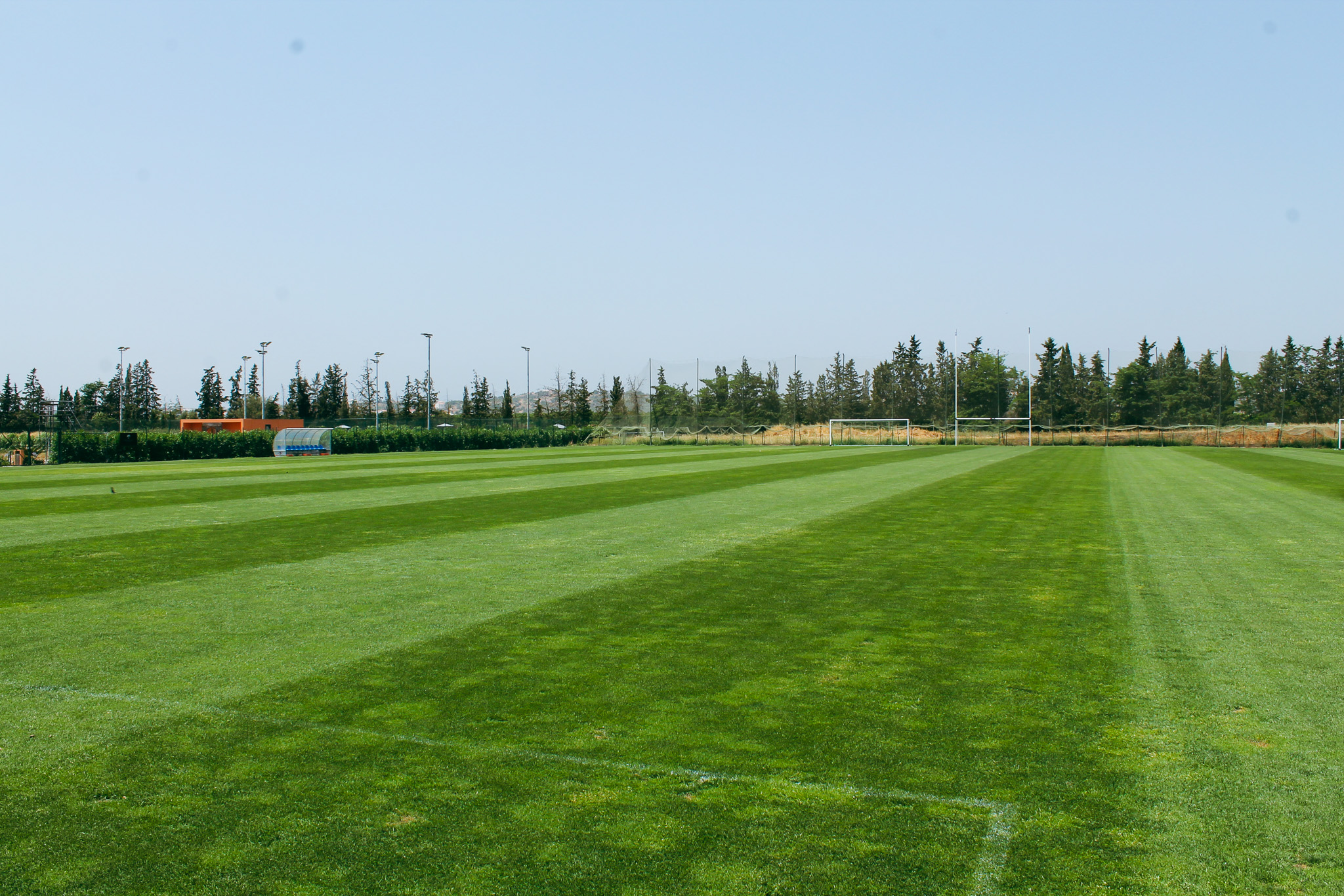 Fußballplatz in Portugal mit gepflegtem Rasen, umgeben von Bäumen.