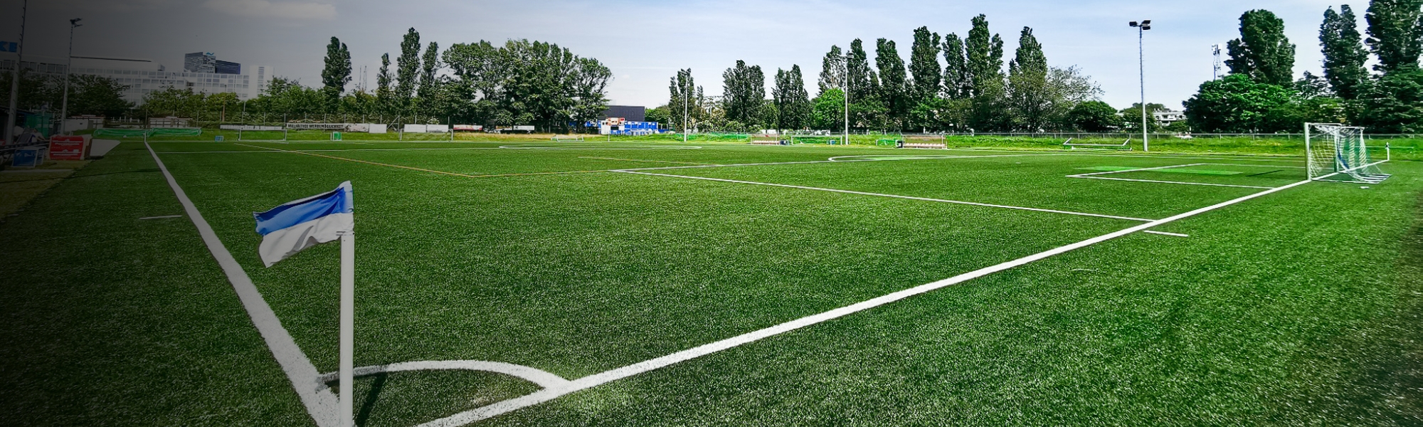 Fußballplatz mit Kunstrasen und blauer Eckfahne in Wien, umgeben von Bäumen und modernen Gebäuden im Hintergrund.